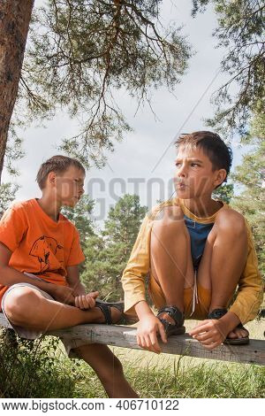 Two Boys In Shorts Sit On A Bench Under A Tree. Boy Looks To The Sky. Dreamer Guy