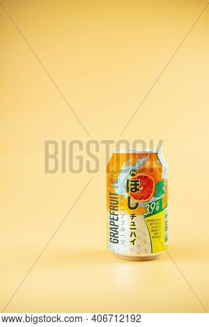 Samut Prakan, Thailand - January 22, 2021 : A Can Of Hoshi Chu-hi Grapefruit Flavor 330ml, Sweet And