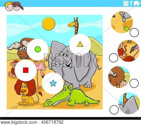 Cartoon Illustration Of Educational Match The Pieces Jigsaw Puzzle Task For Children With Wild Anima