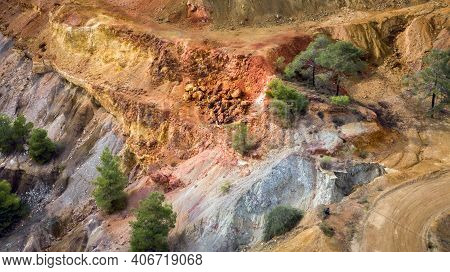 Ore And Sulfide Deposits In Kokkinopezoula Opencast Mine Near Mitsero, Cyprus. Colorful Landscape De