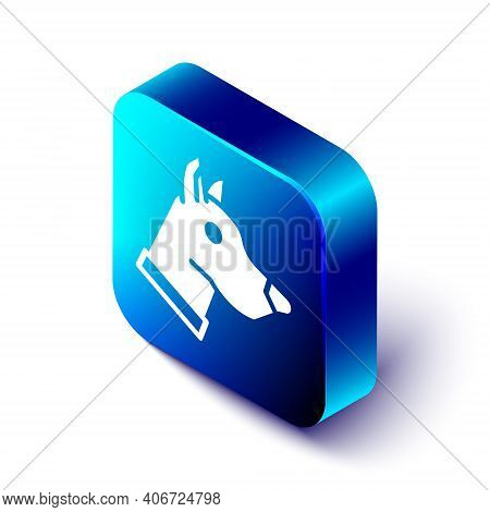 Isometric Dog Head Icon Isolated On White Background. Blue Square Button. Vector