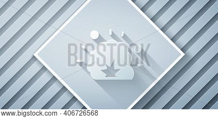 Paper Cut Bomb Explosion With Shrapnel And Fireball Icon Isolated On Grey Background. Paper Art Styl
