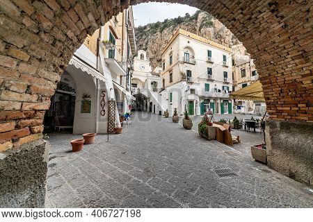 Atrani, Amalfi Coast, Campania, Italy, February 2020: View Of The Main Square Of Atrani. High Qualit