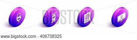 Set Isometric Lock And Key, Pepper Spray, Passport And Lock On Computer Monitor Icon. Vector