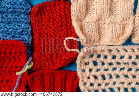 Fragments Of Colored Knitted Patterns. Self-study Knitting