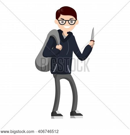 Man With Knife Extorting Money. Hand Holding Green Cash. Problem Of Urban Security. Thief At Work. E