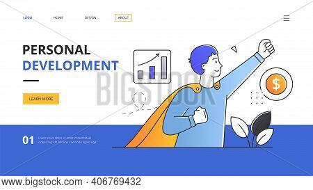 Abstract Concept Of Self-development With A Young Man In The Form Of A Super Hero. Outline Flat Vect