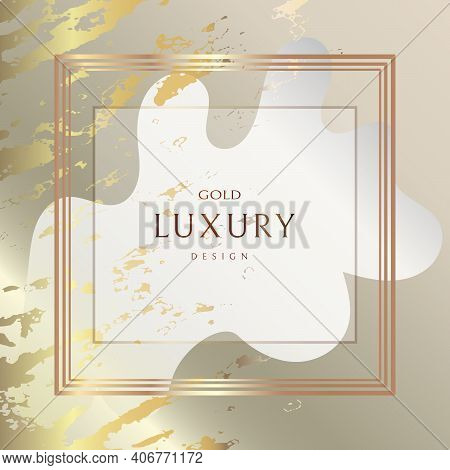 Gold Frame With A Beautiful Spot On A Silver Background. Abstract Foil Of Gold Color On The Backgrou