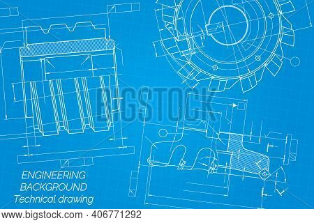 Mechanical Engineering Drawings On Blue Background. Cutting Tools, Milling Cutter. Technical Design.