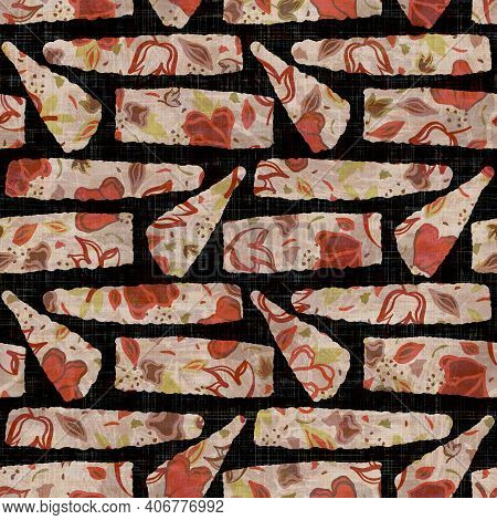 Seamless Dark Geometric Block Print Background. Boho Ethnic Soft Furnishing Fabric Style. Tie Dye Pa