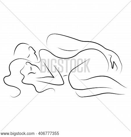 Pair Of Lovers Hugging Sleep Resting. Harmonious Relationship. Minimalism Style. The Design Is Suita
