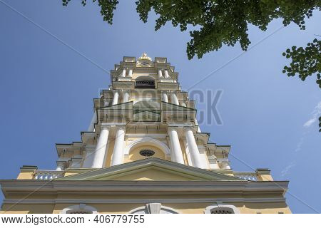 Bell Tower At Novospassky Monastery At Low Engle View On Bright Summer Day.