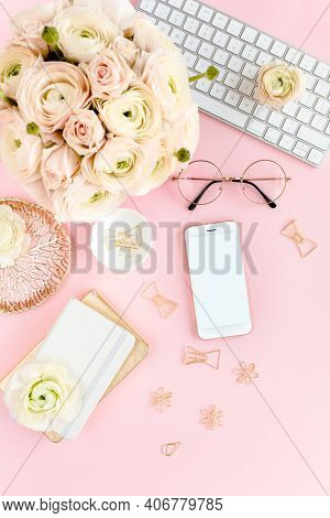 Stylized, Pink Womens Home Office Desk. Workspace With Computer, Bouquet Ranunculus And Roses, Phone