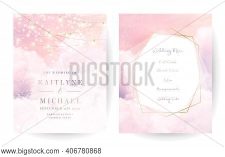 Sugar Cotton Pink Clouds Vector Design Backgrounds. Golden Line Geometric Art. Plane Sky View With S