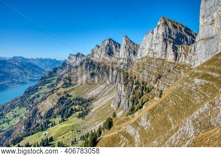 Breathtaking View From The Churfirsten Of The Wallensee, Hiking Trail Below The Face Of The Schnuerl