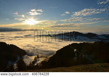 Sunset Over The Sea Of Fog With A View Of The Hill Bachtel And City Zurich Photo From Alp Scheidegg,