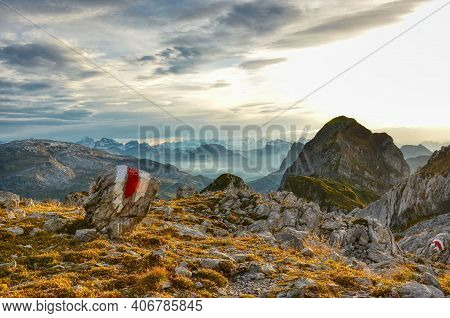 Hiking Signs In The Swiss Mountains. Hike, Climb And Enjoy In The Glarus Mountains. Fantastic View.