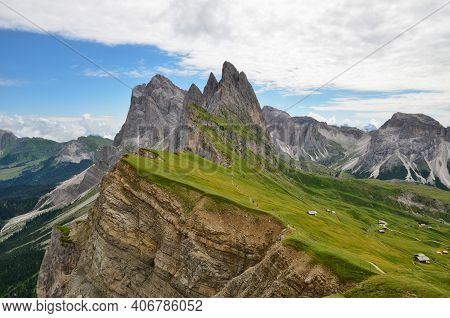 Seceda Mountain Peak With Green Field, Italy, South Tyrol, Dolomites, St.ulrich In Groeden, Val Gard