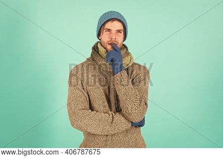 What If. Man Handsome Unshaven Guy Wear Winter Accessories On Blue Background. Winter Season Sale. H