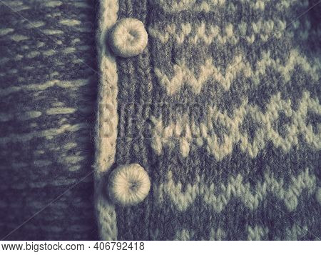 Hand Knit Neutral Accessories. Traditional Knitting And Knitted Buttons. Gray And White Sheep Wool. 
