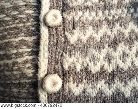 Hand Knit Neutral Accessories. Traditional Knitting And Knitted Buttons. Gray And White Sheep Wool. 