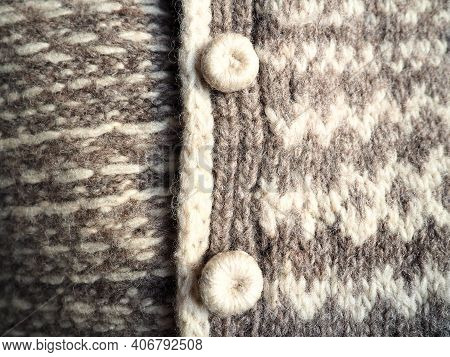 Hand Knit Neutral Accessories. Traditional Knitting And Knitted Buttons. Gray And White Sheep Wool. 