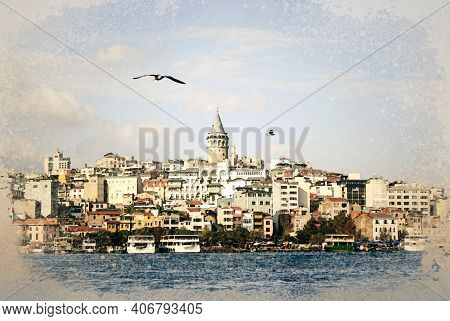 Galata District With The Famous Galata Tower Over The Golden Horn, Istanbul, Turkey. Galata Tower Is