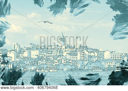 Galata District With The Famous Galata Tower Over The Golden Horn, Istanbul, Turkey. Galata Tower Is