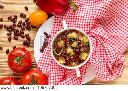 Spicy Chili Beans. With Vegetables And Potatoes. Top View