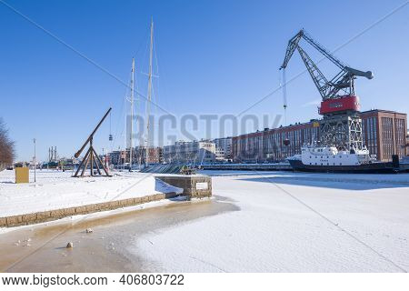 Turku, Finland - February 23, 2018: Sunny February Day On The Aurajoki River