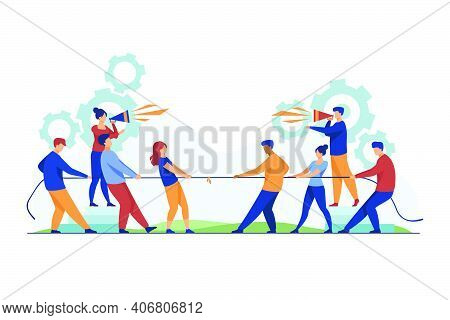 Group Leaders Shouting At Megaphone. Teams Playing Tug-of-war, Pulling Rope With Golden Cup Flat Vec