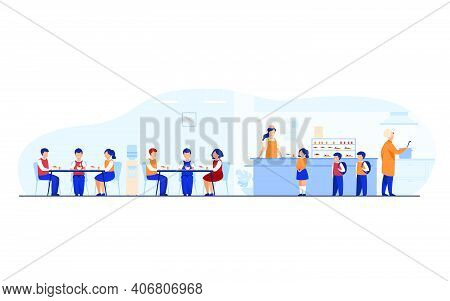Lunch In School Cafeteria Concept. Teen Boys And Girls Eating In School Canteen Or Cafe, Standing At