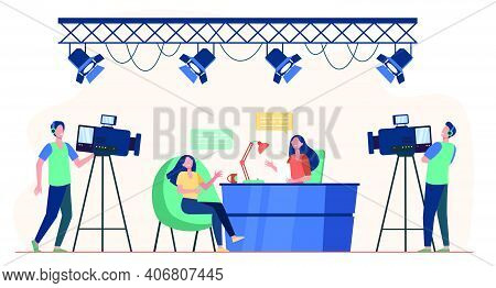 Videographers Shooting Interview In Tv Studio. News Host Talking To Tv Show Guest. Flat Vector Illus