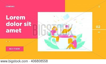 Happy People Mixing Sugar In Big Cup Of Tea. Spoon, Office, Lunch Flat Vector Illustration. Hot Beve