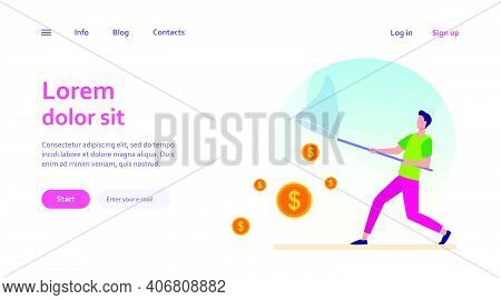 Man Catching Money With Butterfly Net. Cash, Coins, Dollar Flat Vector Illustration. Finance, Earnin