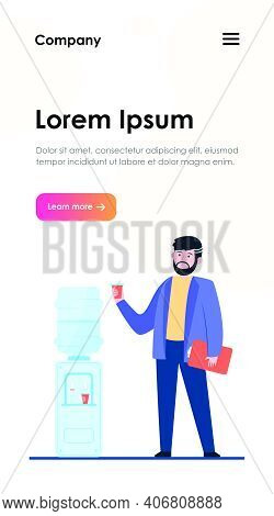 Man Drinking Water At Cooler. Office Employee, Worker, Work Break Flat Vector Illustration. Beverage