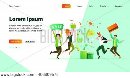 Customers Celebrating Sale. People Holding Gift, Credit Card, Loudspeaker, Dancing, Having Fun. Vect