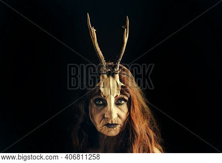 Bewitch And Magic. Old Witch With Animal Skull And Antlers. Granny Witch, Halloween