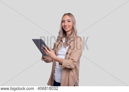 Girl Holding Tablet Watching Front Isolated. Girl Working With Tablet. Commecial, Shopping, Advertis
