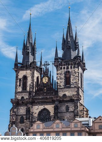 Church Of Our Lady Before Tyn Spires, Exterior Of A Gothic Building In The Old Town Of Prague, Czech