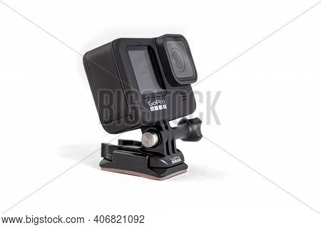 Moscow, Russia - Novemner 11, 2020: New Flagship Action Camera Gopro Hero 9 Black. Side View, Isolat