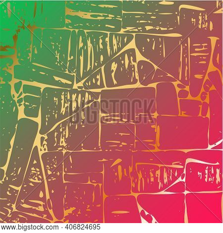 Vector Golden Card Of Cracked Kintsugi On Gradient Background. Red-green Color. Gold Texture. Broken