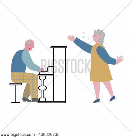 Elderly Musicians Enjoy Singing Together In Club. Senior Man Piano Plays. Lady Sings. Concept Vector