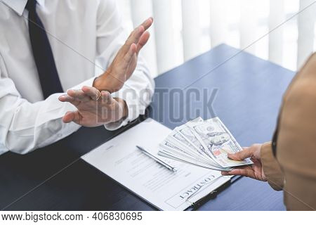 Businessman Partner Hand Gesture Rejecting Refusing Money, Anticorruption Concept