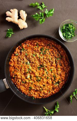 Keema Curry In Frying Pan Over Dark Background. Indian And Pakistani Style Dish. Top View, Flat Lay,