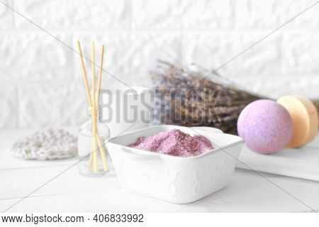 Lavender As Calming And Soothing Ingredient For Bath Soak, Bubble Bath Bomb And Scented Candle. Rela