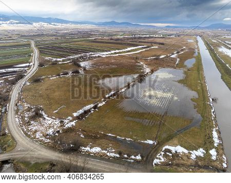Flooded Areas Near Olt River In Romania, Hungarian Villages In The Background, Aerial View.