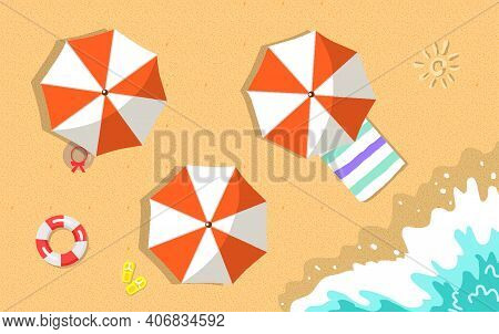 Sun Safety Elements Set Poster With Umbrellas, Towel, Buoy And Hat With Flip-flops On Sand, Sea And 