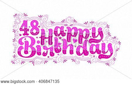48th Happy Birthday Lettering, 48 Years Birthday Beautiful Typography Design With Pink Dots, Lines, 