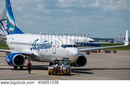 July 2, 2019, Moscow, Russia. Airplane Boeing 737-700 I Yakutia Airlines At Vnukovo Airport In Mosco